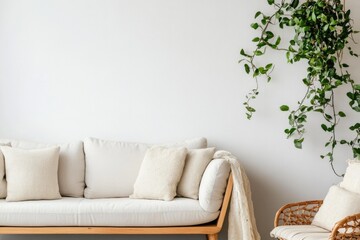 Cozy Minimalist Living Space with Modern Furniture and Greenery in Elegant White Interior