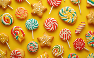 Fototapeta premium pattern of New Year's gingerbread and lollipops on a bright yellow background. New Year concept 