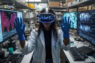 Innovative scientist exploring virtual reality technology in a laboratory environment with advanced digital equipment and blue medical gloves