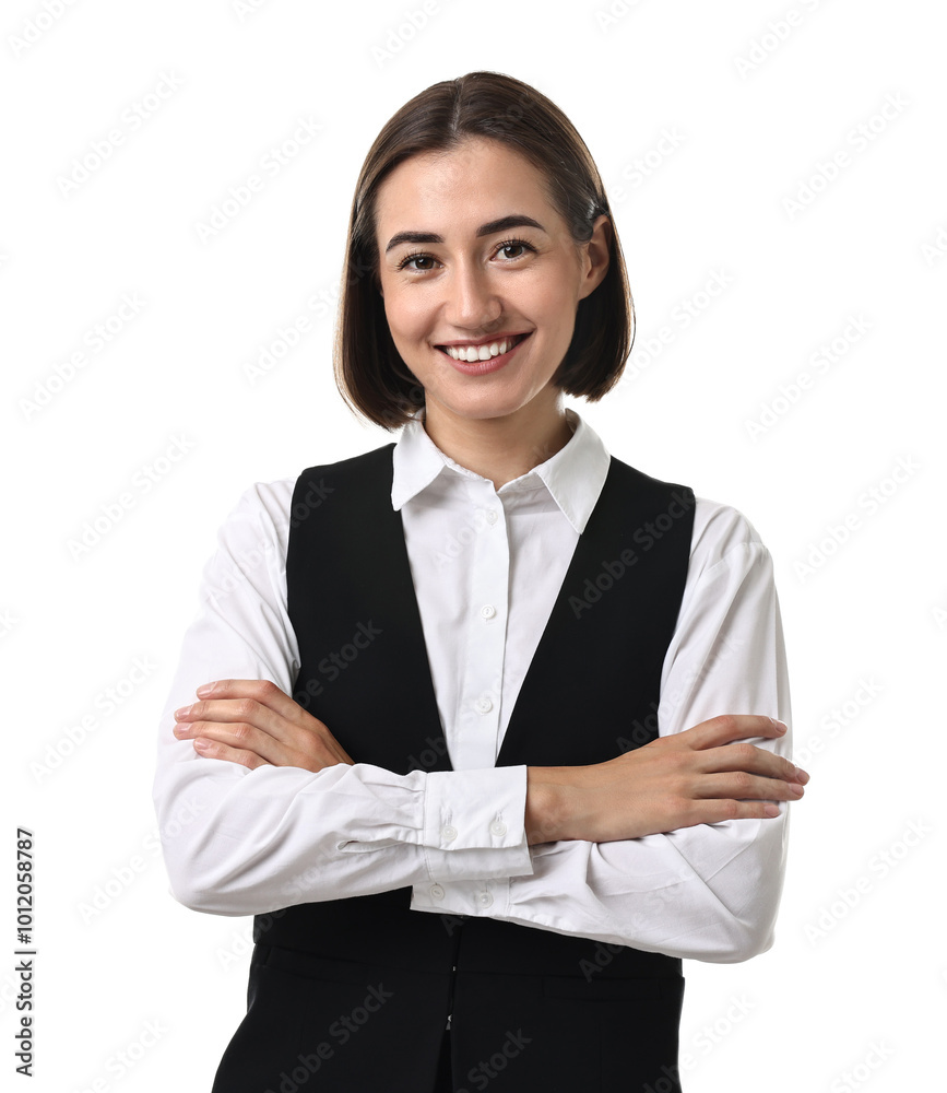 Wall mural Portrait of professional croupier on white background