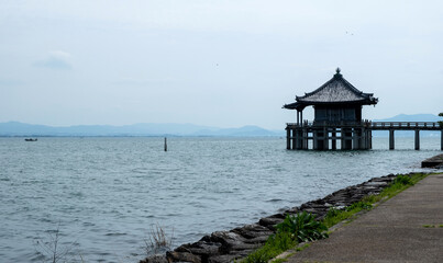 Ukimido temple hall floating on Lake Biwa, belonging to Mangetsu-ji Buddhist temple in Otsu city, Japan