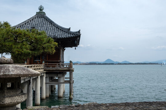 Ukimido temple hall floating on Lake Biwa, belonging to Mangetsu-ji Buddhist temple in Otsu city, Japan
