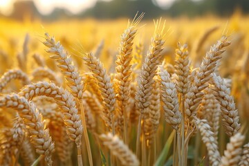Fototapeta premium Golden wheat stalks in a field, illuminated by the setting sun.