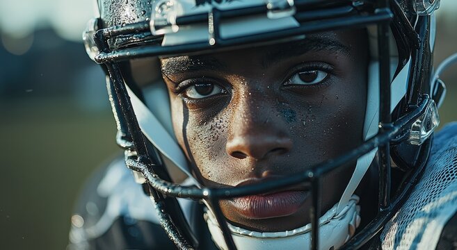Focused American football player wearing helmet and eye black gear ready for action on the field