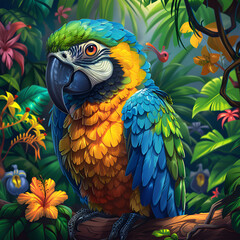 Fototapeta premium A vibrant digital artwork featuring a blue and green parrot amidst lush tropical flora, including hibiscus flowers. The detailed illustration captures the exotic beauty of the rainforest.