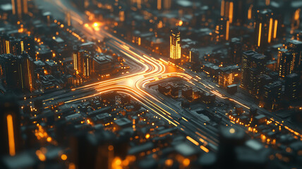 City as a Circuit. An aerial view of a bustling city where the roads and buildings are depicted as an intricate computer circuit symbolizing the modern interconnected world