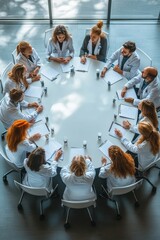 High angle angle view at group of doctors sitting round table during medical council or conference in clinic, copy space, Generative AI