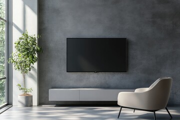 Modern Living Room Interior with TV on Cabinet and Armchair in Elegant Setting
