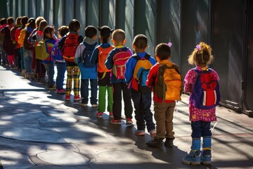 A line of elementary school children waiting outside their classroom during morning activities in a suburban neighborhood on a bright sunny day