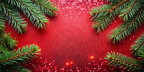 Christmas Fir Branches on Red Glitter Background. Top view