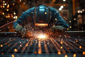 A welder in a factory, wearing a helmet and protective gloves, welds a metal surface, sparks flying.