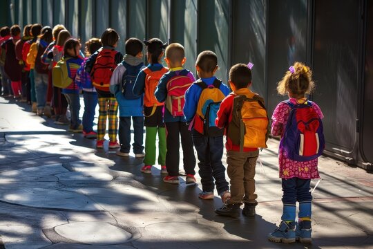 A line of elementary school children waiting outside their classroom during morning activities in a suburban neighborhood on a bright sunny day