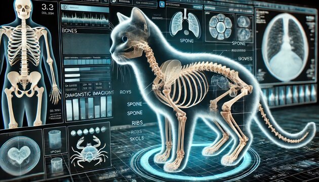 Futuristic cat x-ray with detailed skeleton and medical data visualizations