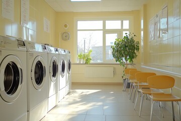 Light laundry interior with washing machines and chairs near panoramic window, Generative AI