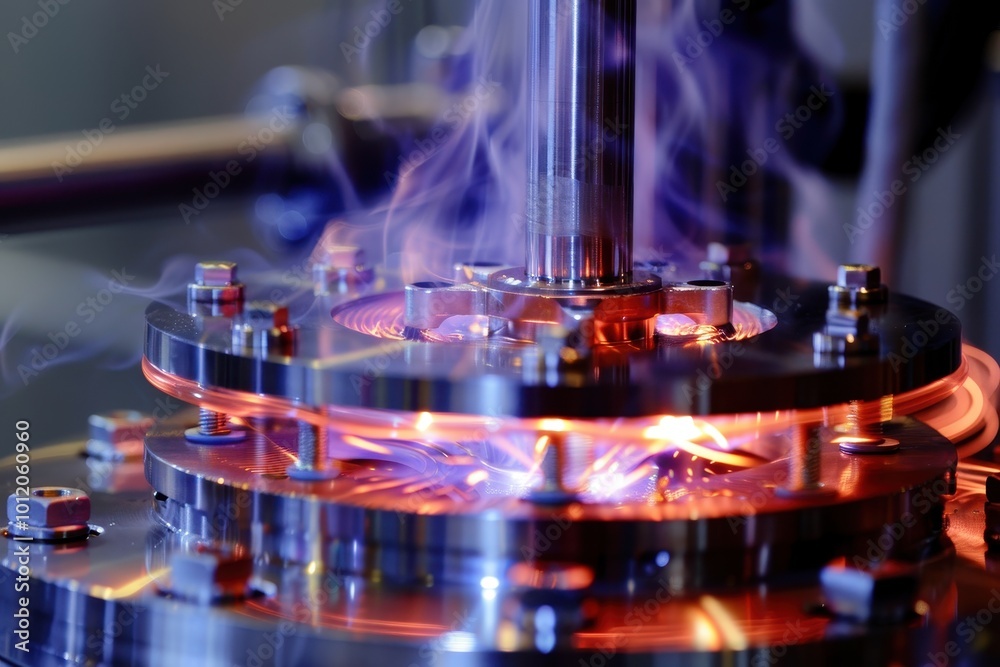 Poster close-up view of a high-tech manufacturing machine showcasing intricate components and glowing eleme