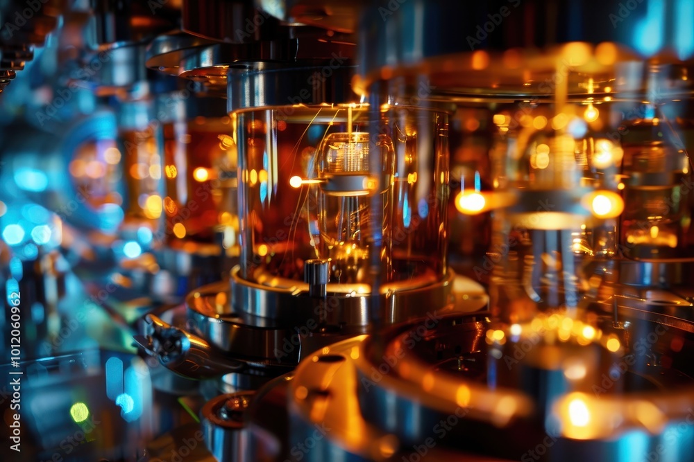 Poster Close-up view of a high-tech manufacturing machine showcasing intricate components and glowing elements, revealing advanced engineering in a modern workshop