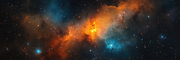 Naklejka premium Blue and Orange Cosmic Scene with Mysterious Stars and Nebulae