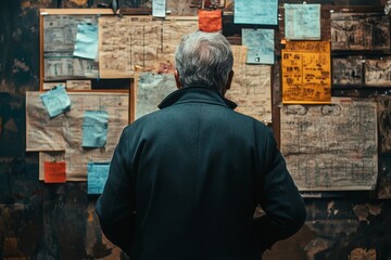 Back view of senior detective standing by evidence board and studying leads in investigation, Generative AI