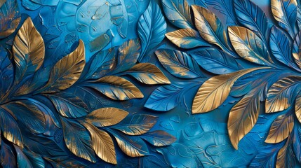 Golden Glow Vibrant Blue and Gold Leaf Abstract Design Intricate Details and Rich Colors Nature Inspired Artwork