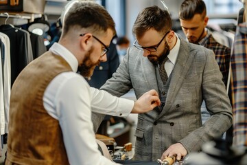 Tailoring expert adjusts a men's suit for a client in a stylish boutique during a busy afternoon