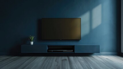 Modern TV Cabinet in Spacious Living Room with Elegant Blue Wall and Wooden Flooring