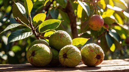 Obraz premium A bunch of guavas are on a wooden table with the sun shining through the trees