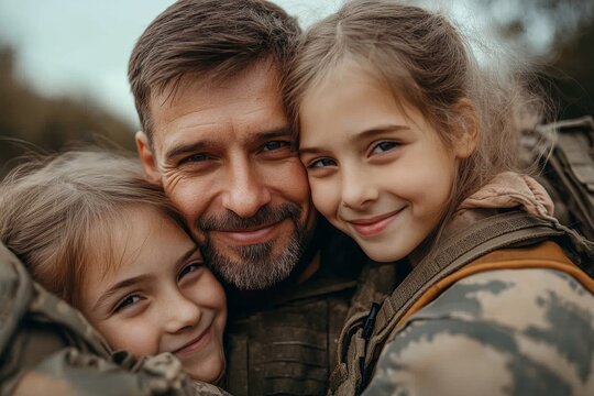 Happy family embracing their father, they meeting him from military service, Generative AI
