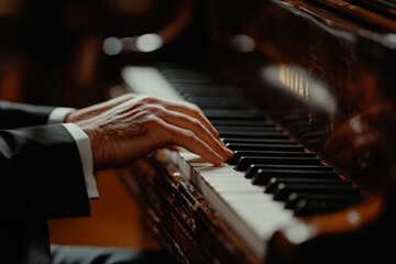 Fototapeta premium Close-up of pianist in suit playing the classical music on the piano at musical lesson, Generative AI
