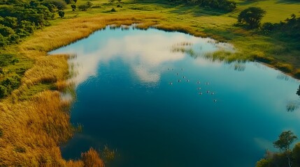 Landscape, Nature, Large Lake with Ducks and Boats, Lush Green, View from Above, Wallpaper, Cover and Screen for Smartphone, PC, Laptop, 9:16 and 16:9 Format