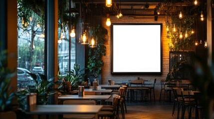 Modern blank screen kiosk template in bright restaurant interior. Digital marketing and design concept. Generative AI