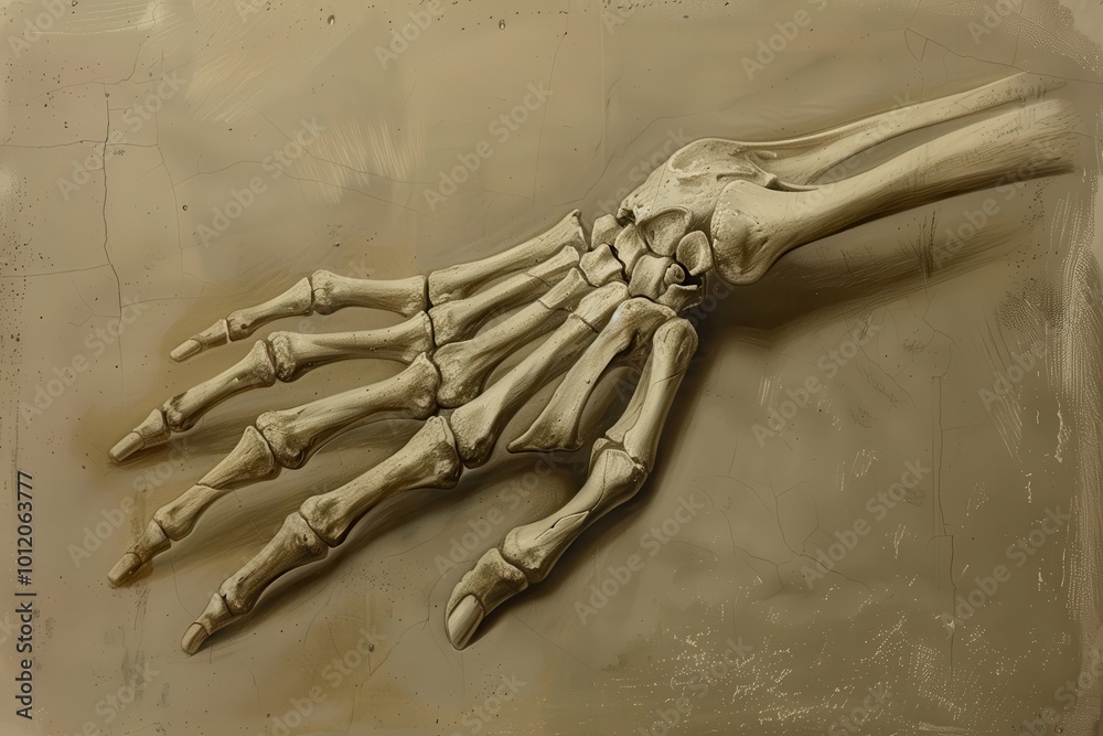 Poster detailed depiction of a human skeleton hand showcasing the intricate bone structure, set against a n