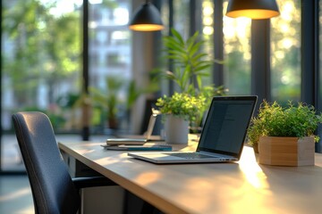 Background shot of empty modern office workspace with desk and chair, laptop and stationery at IT company, copy space, Generative AI