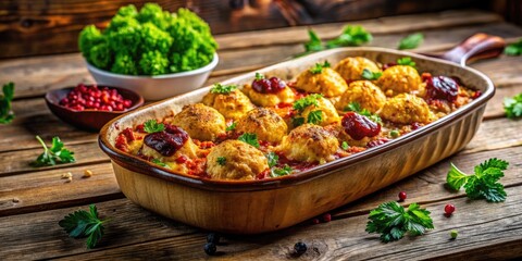 Obraz premium Deliciously Baked Kugelis with Crispy Topping Served on a Wooden Table for a Cozy Meal Experience