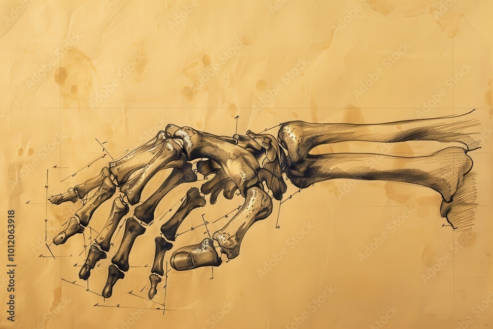Poster detailed depiction of a human skeleton hand showcasing the intricate bone structure, set against a n