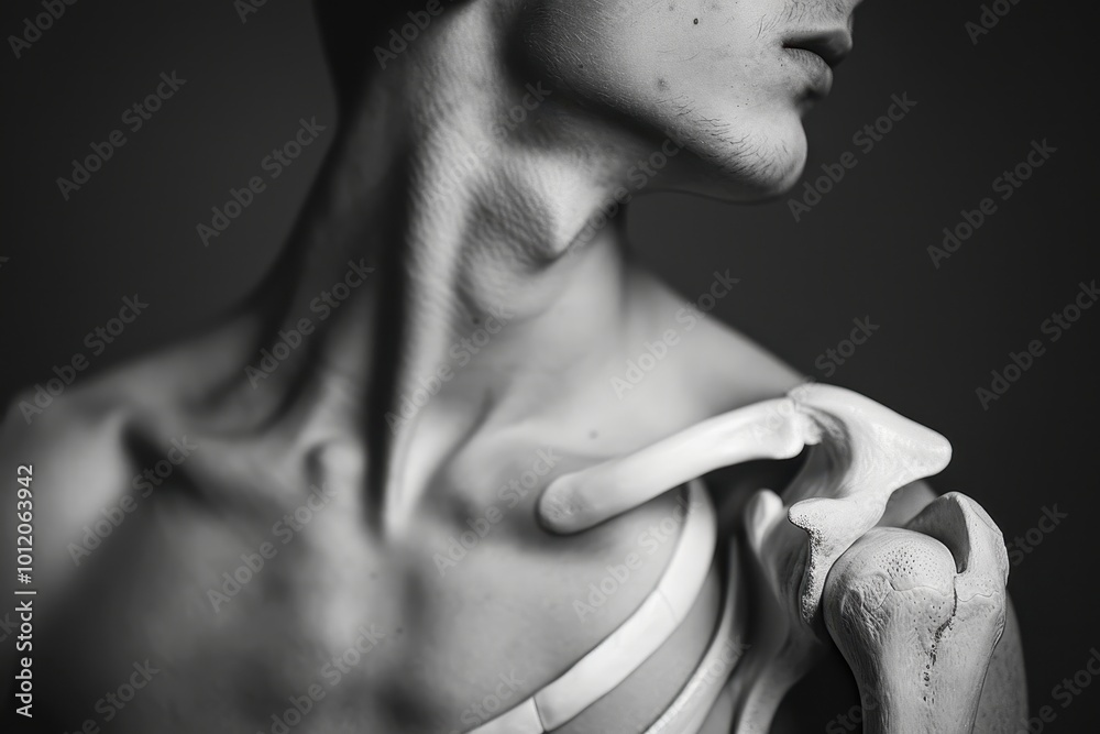 Poster a detailed study of human anatomy focusing on the shoulder joint, captured in a monochromatic style 