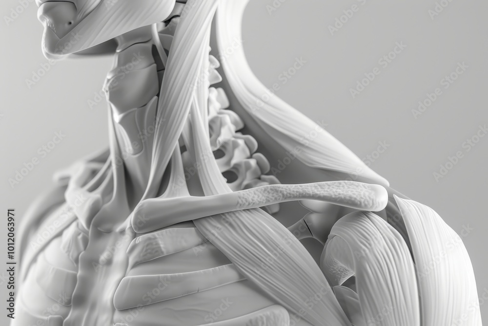 Poster a detailed study of human anatomy focusing on the shoulder joint, captured in a monochromatic style 