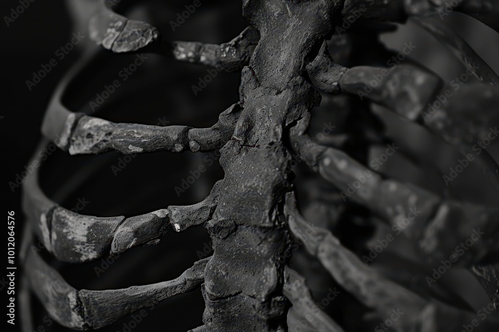 Poster detailed close-up of a skeletal ribcage displaying the natural texture and structure, emphasizing th