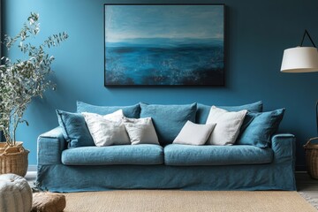 Blue home living room interior with lounge zone and decoration, mockup wall, Generative AI