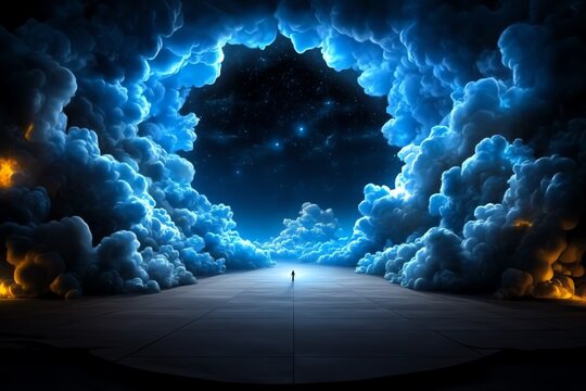 Hyper-realistic image of a lone figure standing under a starless sky, with the emptiness of the universe portrayed in stunning detail, symbolizing the ultimate void of nihilism