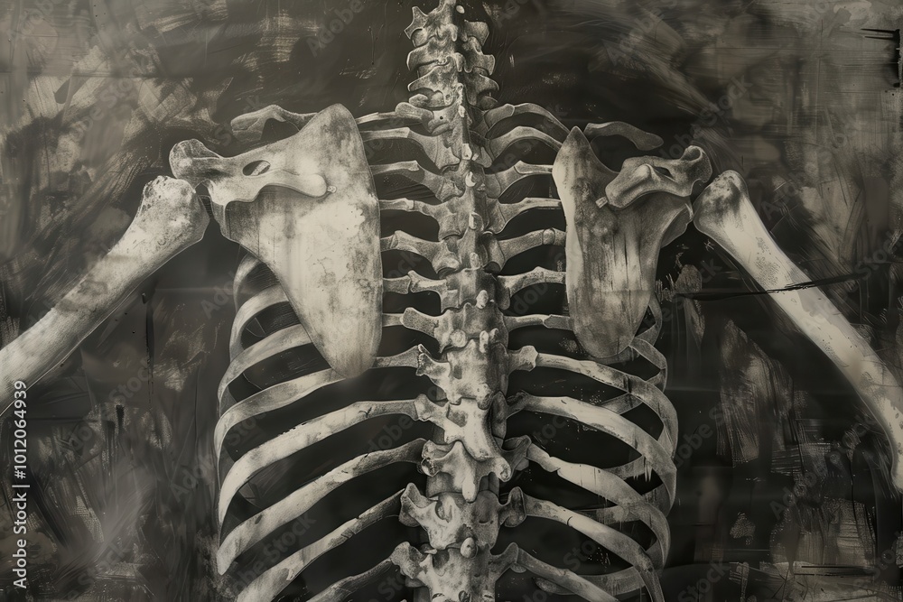 Poster A detailed view of a human skeleton against a dark abstract background highlighting the intricate structure of bones and ribs