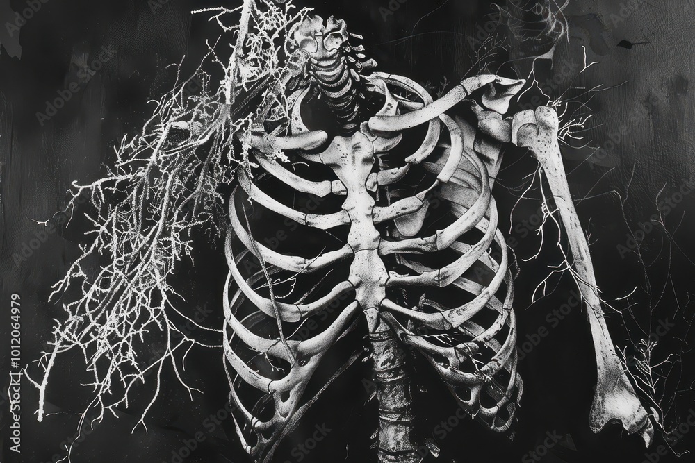 Poster A detailed view of a human skeleton against a dark abstract background highlighting the intricate structure of bones and ribs