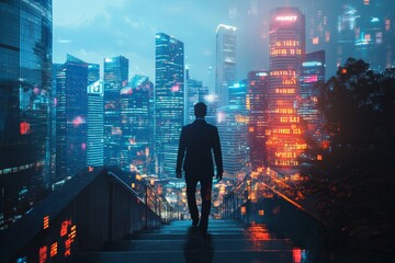 Businessman on concrete stairs, Singapore skyscrapers and forex trading hologram, Generative AI