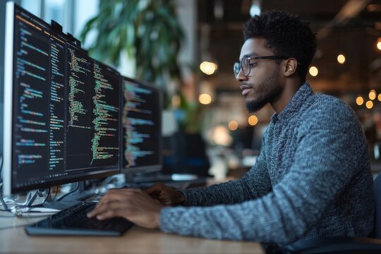 Side view of young African American software developer typing on keyboard while writing code for application in modern office, copy space, Generative AI