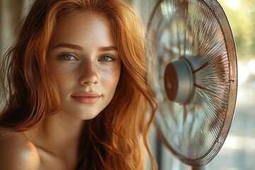 Naklejka premium Young Woman Cooling Herself During Hot Weather In Front Of Fan, Generative AI