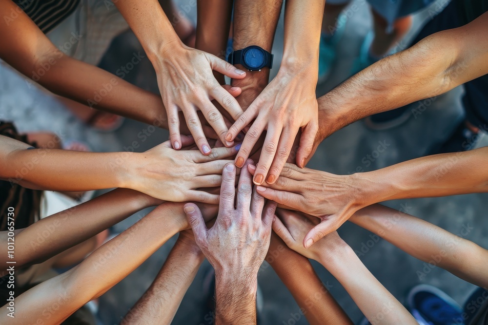 Poster a diverse group of hands reaching towards the center in unity during an outdoor gathering, showcasin
