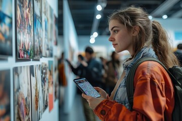 Unrecognizable people scanning QR code using smartphones to get more information about photo on wall at exhibition, Generative AI