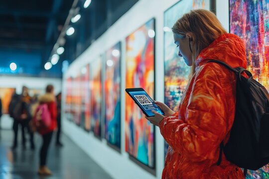 Unrecognizable people scanning QR code using smartphones to get more information about photo on wall at exhibition, Generative AI