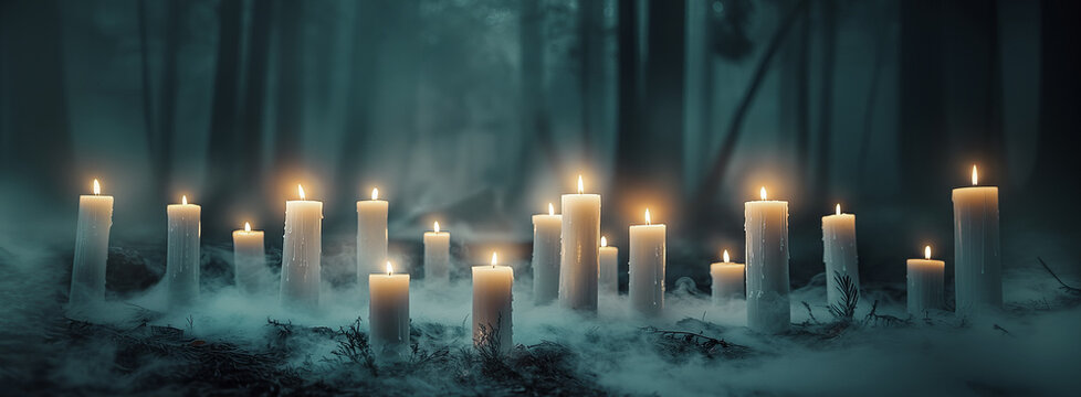 Lit candles in foggy dark mysterious forest creating a haunting atmosphere. Witchcraft, magic, mystery, esoteric, spirituality themes