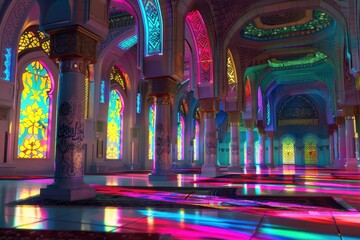 Obraz premium Vibrant interior of a historic mosque showcasing intricate stained glass windows and colorful reflections on polished floors