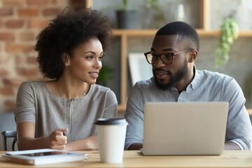 Higher-weight female project manager of Black ethnicity talking to junior developer working on mobile application drinking coffee looking at laptop screen , copy, Generative AI